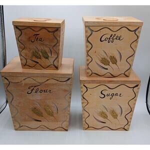 Vintage Wood Dovetail HandPainted Wheat Nesting Canister Set
